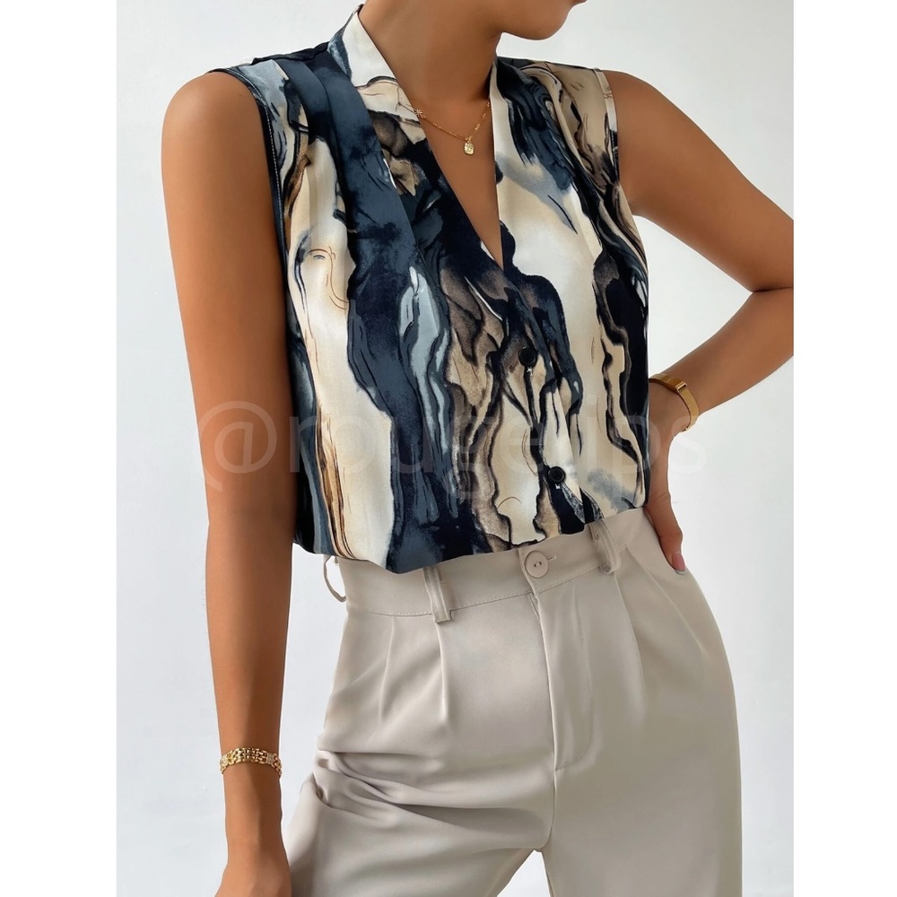 Marble Print Button Down Collared Sleeveless Blouse Top - Picture 4 of 11